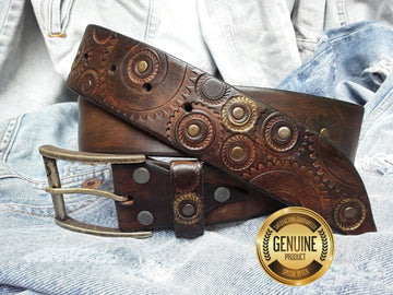 Dark Leather Belt - Unique Rustic Style for Mens Fashion - Artisan Buckle - Genuine Leather - Brown Belt