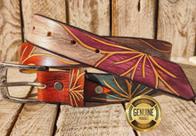 Handmade Leather Belt with Turquoise, Purple & Orange Floral Carvings on White Background with Black Wash - 3.2cm