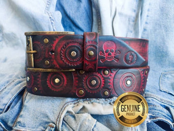 Red Leather Belt with Biker Style Unique Belt with Motorcycle Gear Stamps and Black Wash Accessories Gift for Bikers