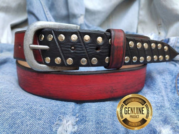 Custom Red Leather Steampunk Belt for Men with Studs - Christmas Gift Design Accessory