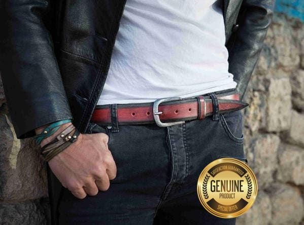 Red Leather Belt Vintage Style Unisex Mens Accessories for Father