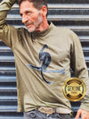 ISHAOR Olive Green Long Sleeve Tee - 100 Cotton Half-Turtle Neck with Original Bird Print - Stylish Shirt for Men and Women