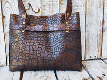 Unique Crocodile Texture Brown Leather Handbag with Bronze Accents