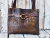 Unique Crocodile Texture Brown Leather Handbag with Bronze Accents