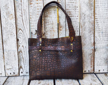 Unique Crocodile Texture Brown Leather Handbag with Bronze Accents