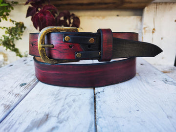 Handmade Red Leather Belt with Black Wash, Unique Design with Black End connect with two Pieces and Bronze Rivet Decorations