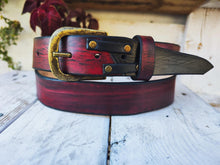 Handmade Red Leather Belt with Black Wash, Unique Design with Black End connect with two Pieces and Bronze Rivet Decorations