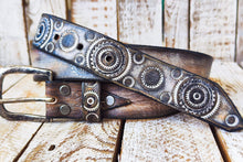 Handmade Leather Motorcycle Belt  Rugged White  Vintage Brown Wash with Gear Stamps Studs