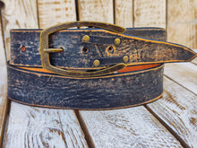 Distressed Vintage Black Handmade Leather Belt with Brown Edges, Unique Design with Rivets, Perfect for Rockers and Bikers by ISHAOR