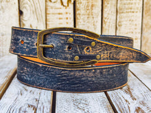 Distressed Vintage Black Handmade Leather Belt with Brown Edges, Unique Design with Rivets, Perfect for Rockers and Bikers by ISHAOR