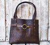 Unique Crocodile Texture Brown Leather Handbag with Bronze Accents