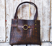 Unique Crocodile Texture Brown Leather Handbag with Bronze Accents