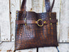 Unique Crocodile Texture Brown Leather Handbag with Bronze Accents