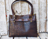 Unique Crocodile Texture Brown Leather Handbag with Bronze Accents