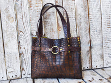 Unique Crocodile Texture Brown Leather Handbag with Bronze Accents