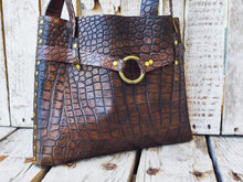 Unique Crocodile Texture Brown Leather Handbag with Bronze Accents