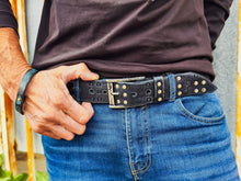 Ishaor Handmade Black Leather Belt with RCA Stamps - Vintage Finish Genuine Leather Silver Rivets