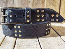 Ishaor Handmade Black Leather Belt with RCA Stamps - Vintage Finish Genuine Leather Silver Rivets