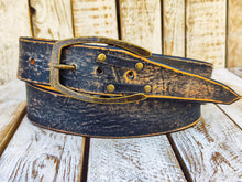 Distressed Vintage Black Handmade Leather Belt with Brown Edges, Unique Design with Rivets, Perfect for Rockers and Bikers by ISHAOR