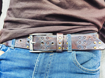 Handmade Brown Leather Belt with Blue Wash, Hi-Fi Stamped Design, Heavy-Duty Punk Rock Style