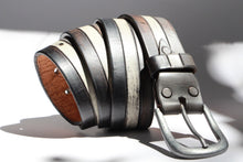 Handmade Leather Belt - Classic Black Grey White Stripes - Unisex Buckle - Unique Leather Product - Fashionable Accessory for Men and Women