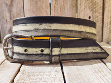 Handmade Leather Belt - Classic Black Grey White Stripes - Unisex Buckle - Unique Leather Product - Fashionable Accessory for Men and Women