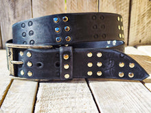 Ishaor Handmade Black Leather Belt with RCA Stamps - Vintage Finish Genuine Leather Silver Rivets