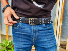 Ishaor Handmade Black Leather Belt with RCA Stamps - Vintage Finish Genuine Leather Silver Rivets