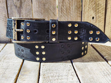 Ishaor Handmade Black Leather Belt with RCA Stamps - Vintage Finish Genuine Leather Silver Rivets