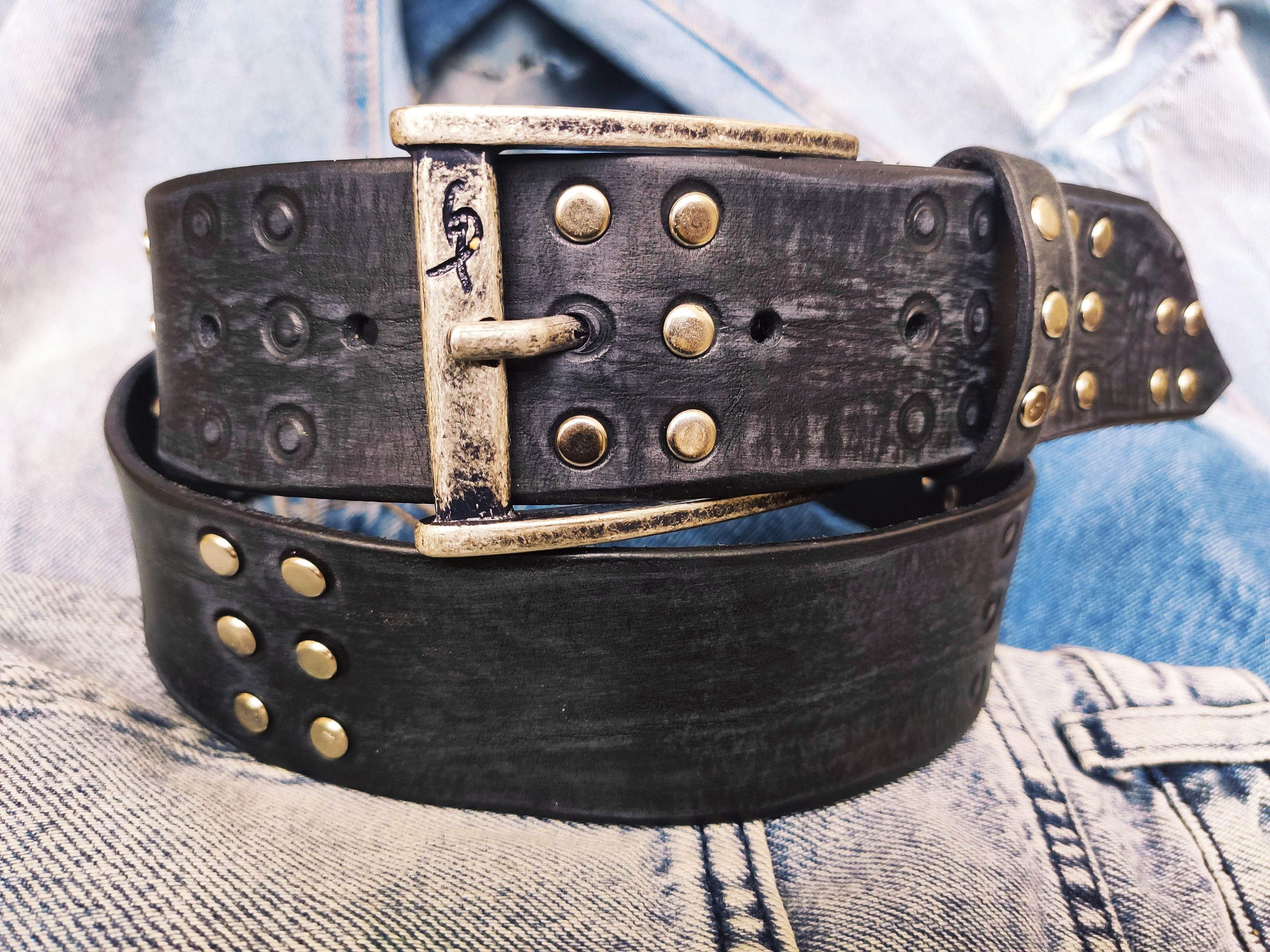 Hand-painted grey leather western belt with double metal insert