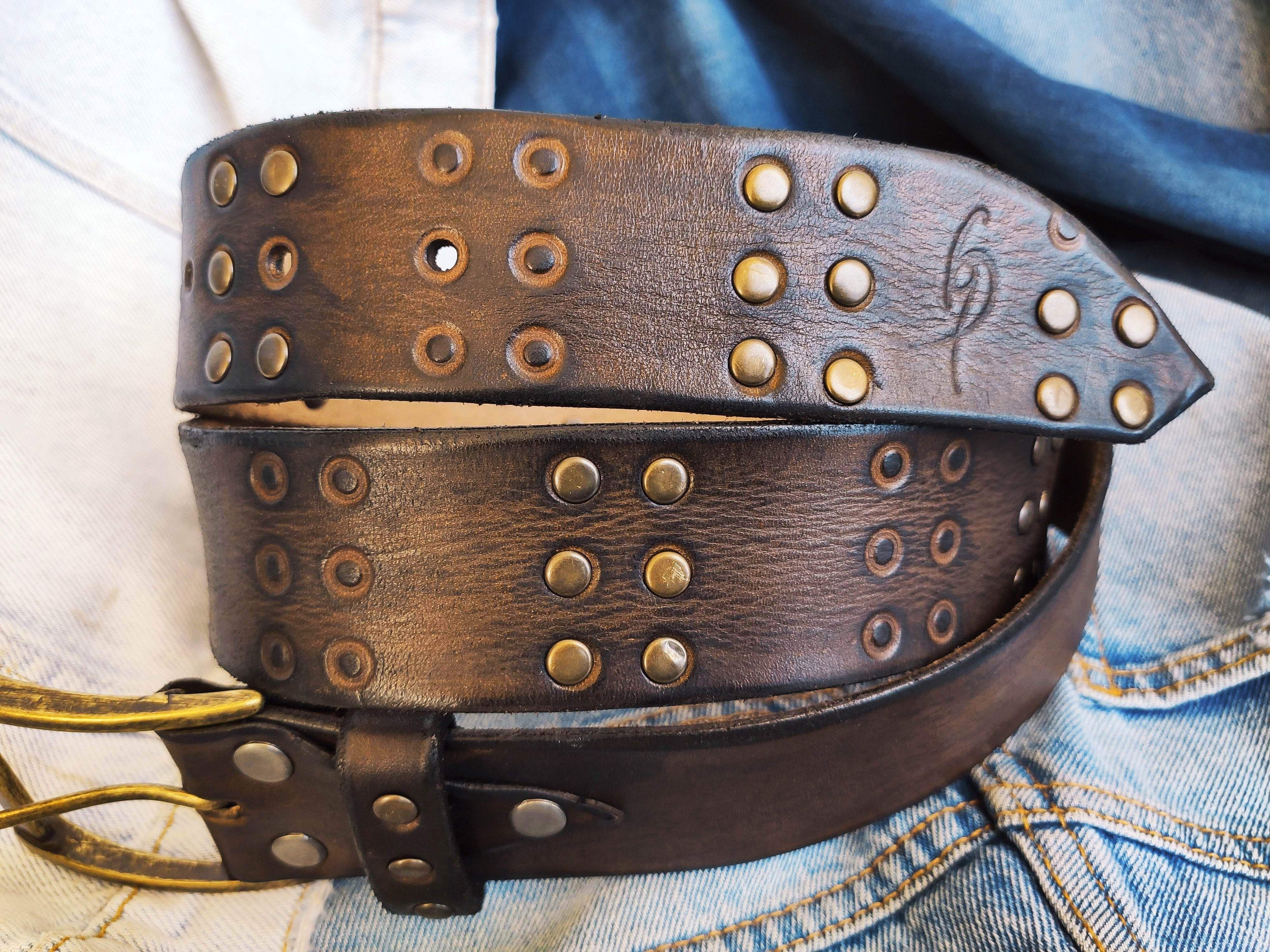 Handmade Brown Leather Belt With Rivets Key And Lock Lover'S
