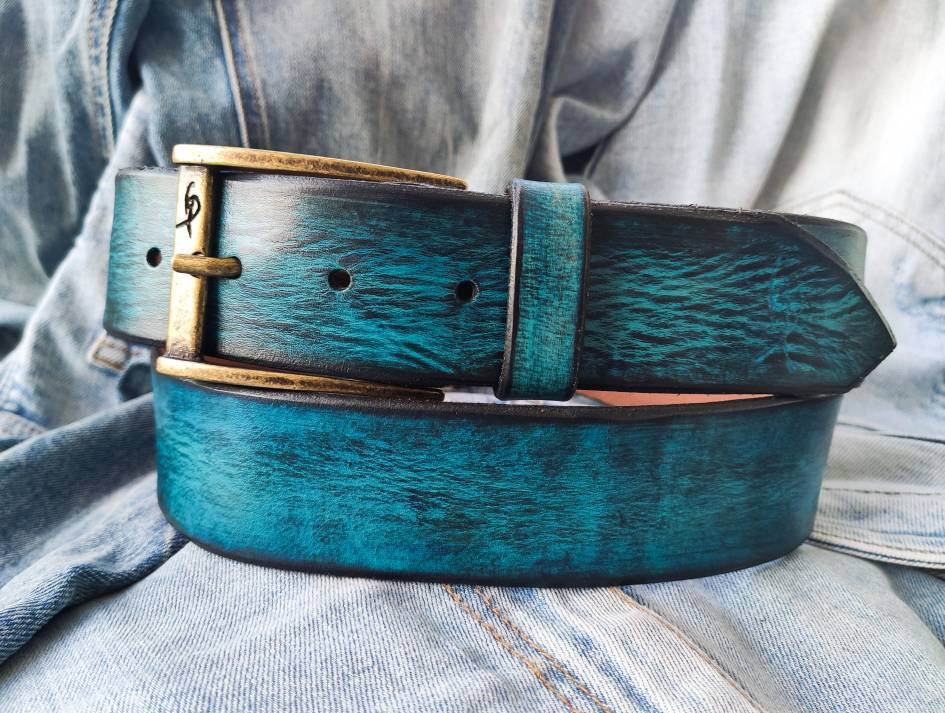 Mens Leather Belt, Mens Belt, Mens Belt Leather, Distressed Rugged Gift for  Him, True Blue Belt 