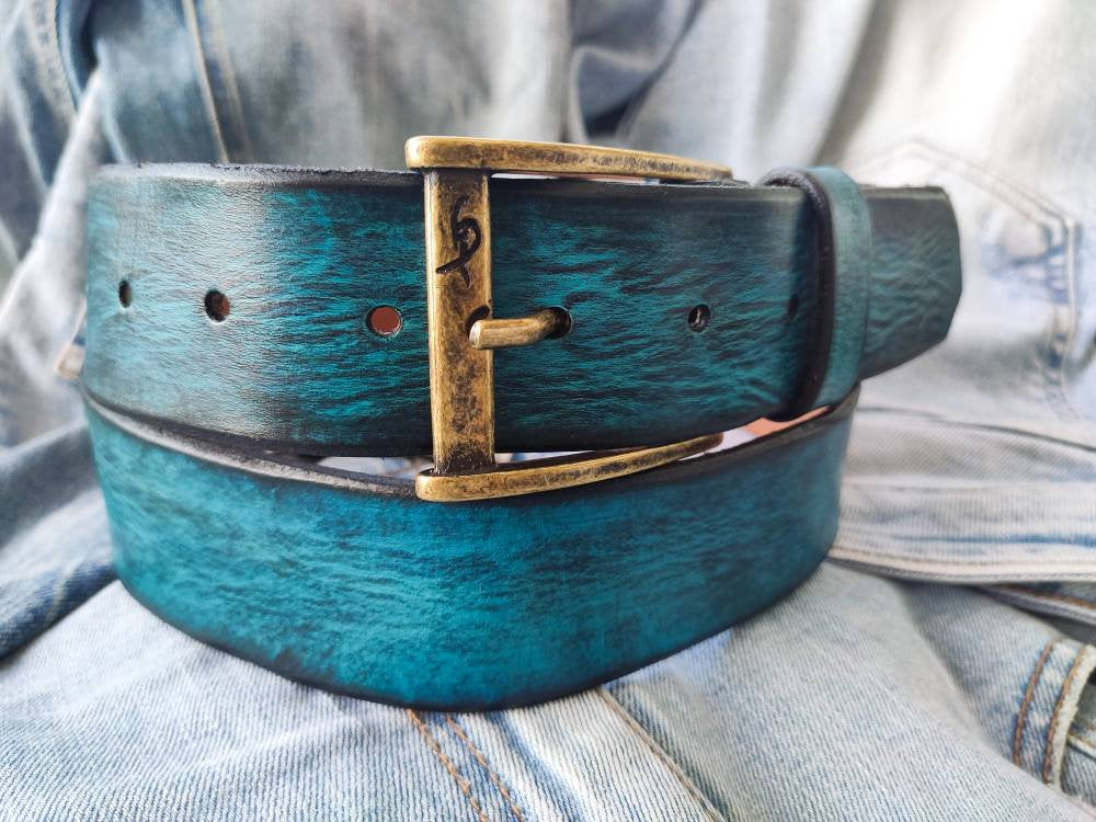 Mens Leather Belt, Mens Belt, Mens Belt Leather, Distressed Rugged Gift for  Him, True Blue Belt 