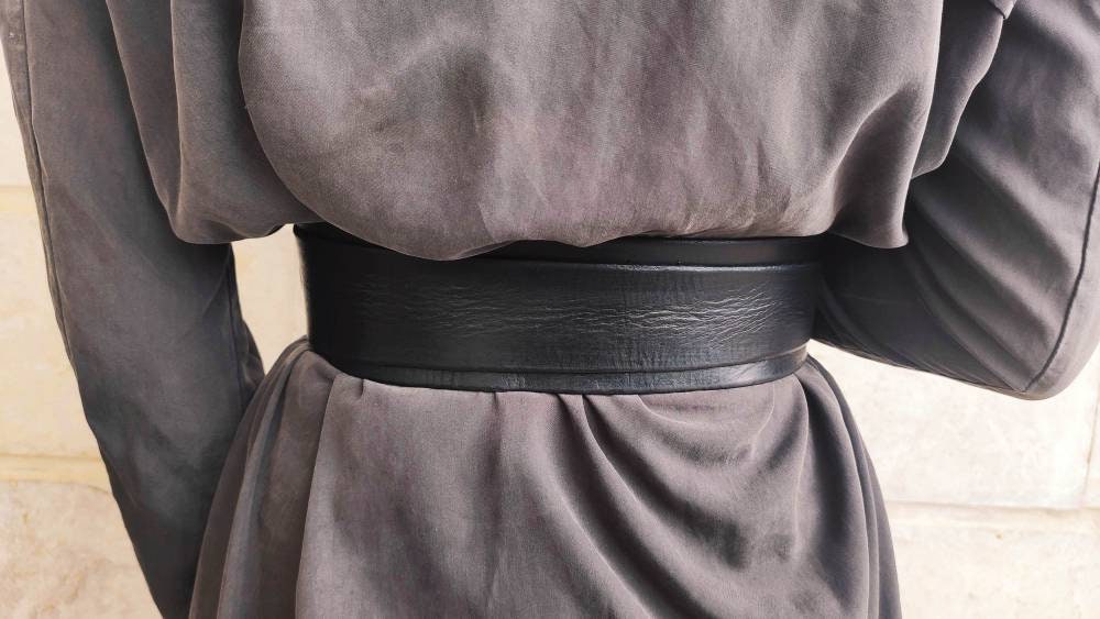 Black leather obi belt for women dress - Wide wrap leather women's