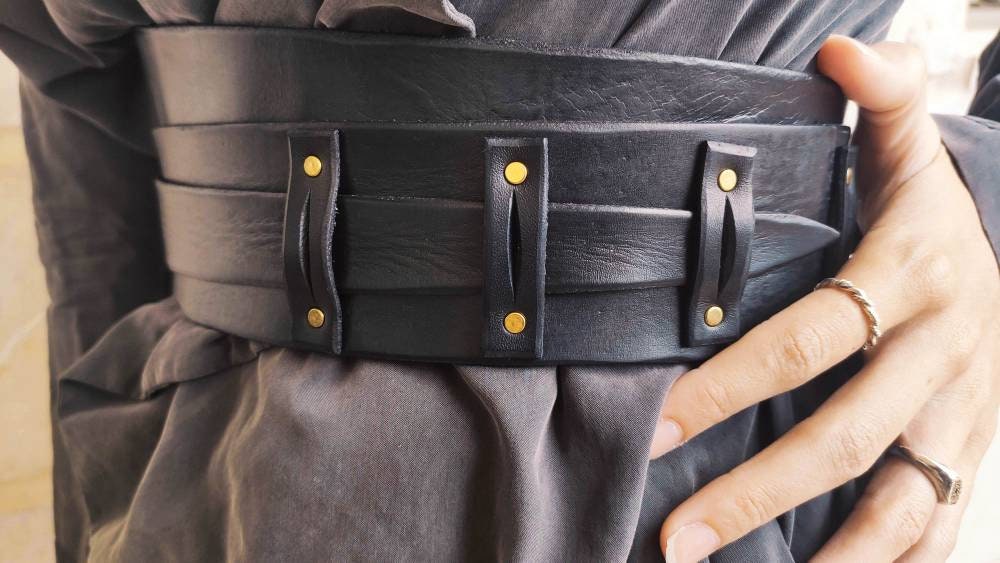 Black leather obi belt for women dress - Wide wrap leather women's bel –  ISHAOR