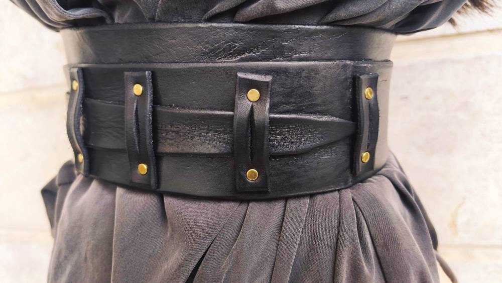 Black Leather Obi Belt for Women Dress - Wide Wrap Leather Women's Belt with Black Straps and Rivets 29-31 Inches
