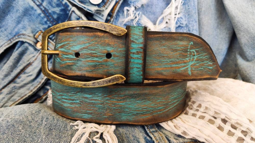Wide Leather Belt - Turquoise with Brown Wash – ISHAOR